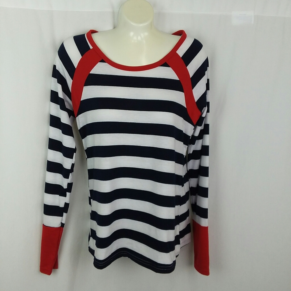 Striped Pullover Blouse, Black, White, Red, Small